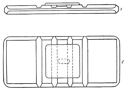 Рис. 18. Схематическое изображение камеры для подсчета форменных элементов крови. 1 - вид сбоку; 2 - вид сверху