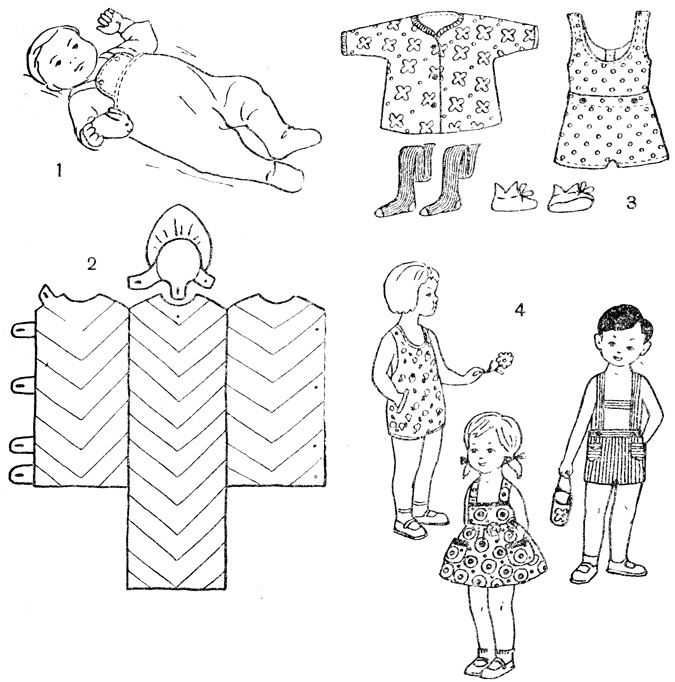 Рис. 97. Одежда детей: 1 - ребенок в ползунках; 2 - спальный мешок с капюшоном; 3 - одежда ребенка, начинающего ходить; 4 - дети в летней одежде